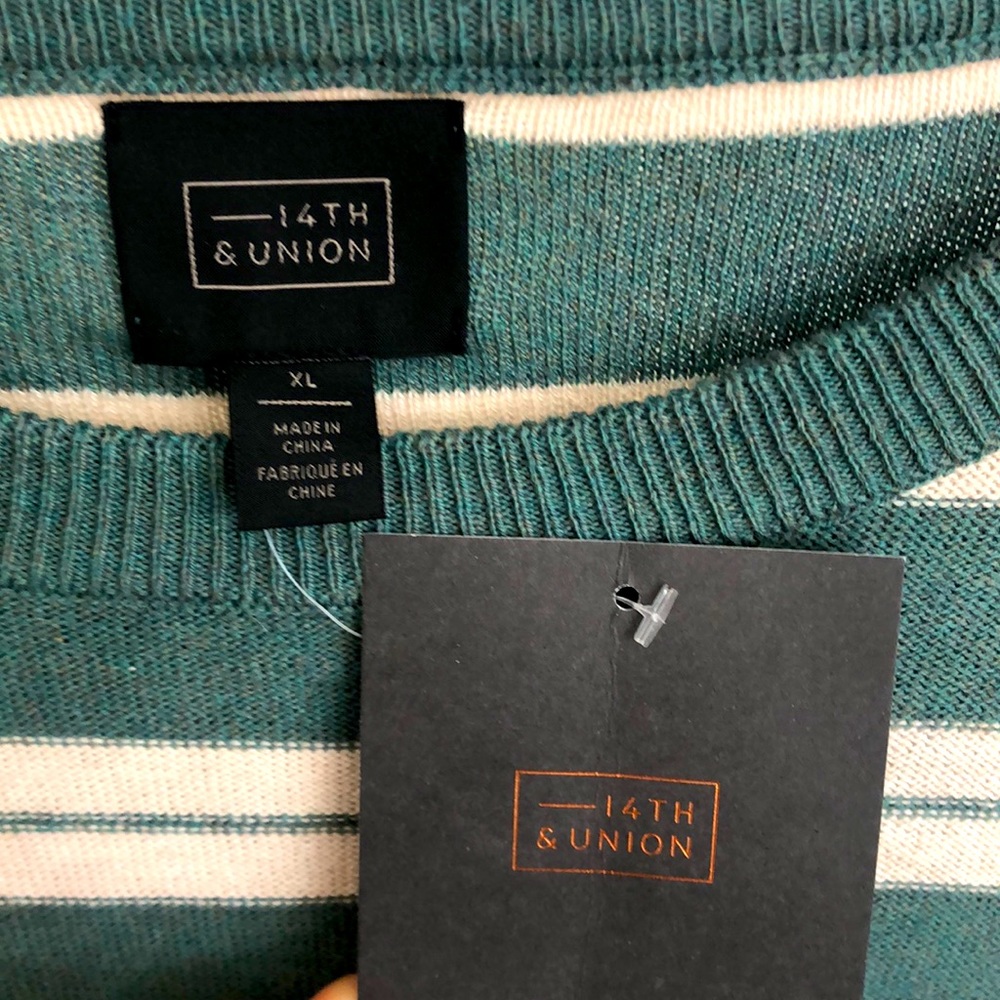 NWT Men's Sweater Cotton and Cashmere Blend- Light green and Ivory stripe I XL - Picture 8 of 13